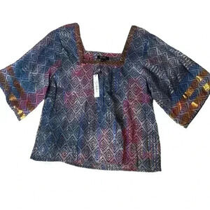 NWT Anthropologie RD + Koko Top Blouse Metallic Gold Blue Oversized Medium Aztec